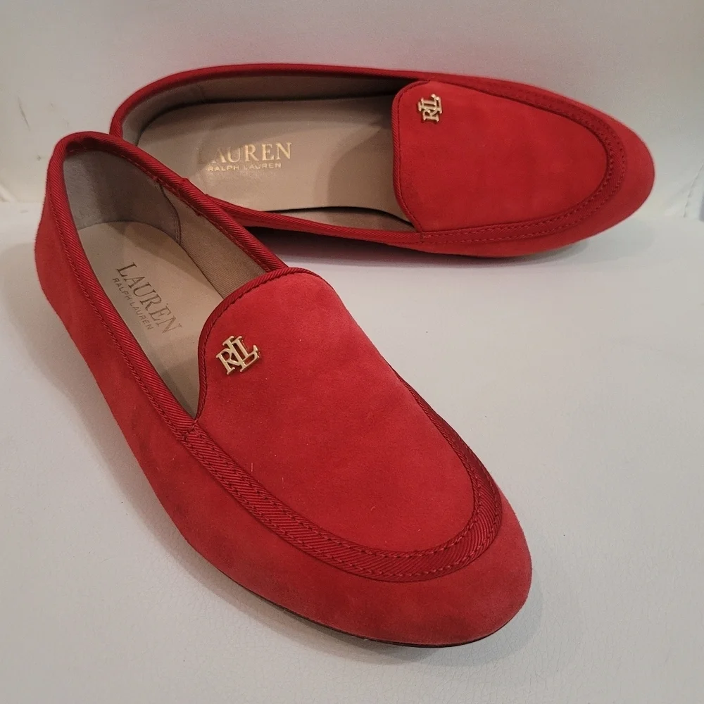 Ralph Lauren Red Suede Flats Clair Suede Smoking Slipper Size 7B/37